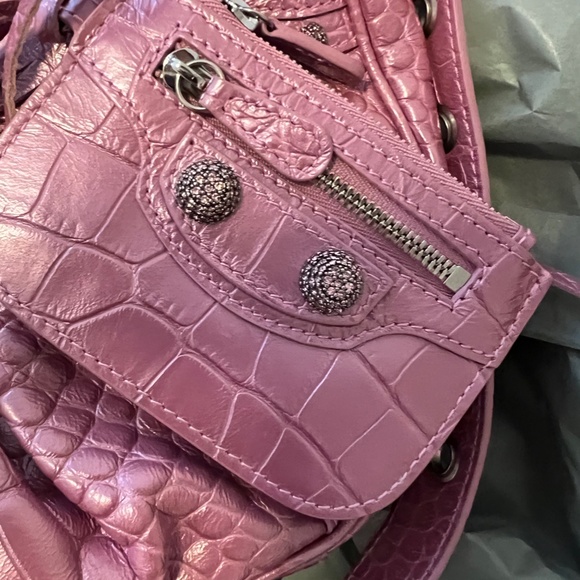 WOMEN'S LE CAGOLE METALLIC PINK SHOULDER BAG CROCODILE EMBOSSED WITH RHINESTONES - Picture 6 of 15